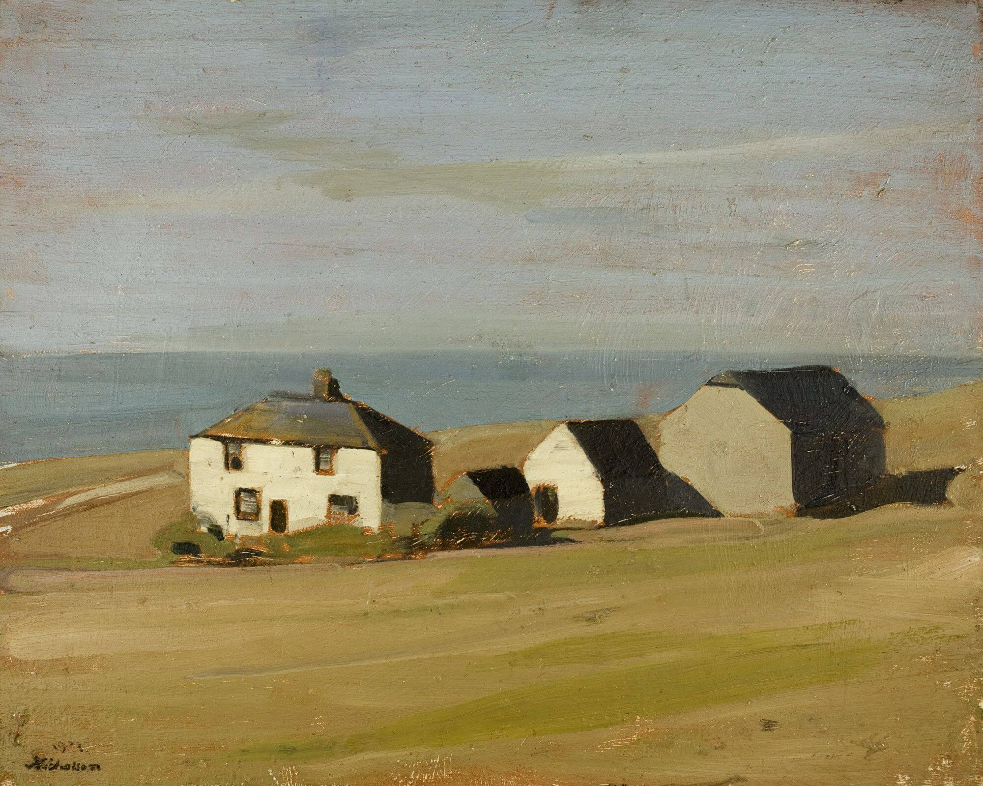 Painting of a white farmhouse beneath a greyish sky. 