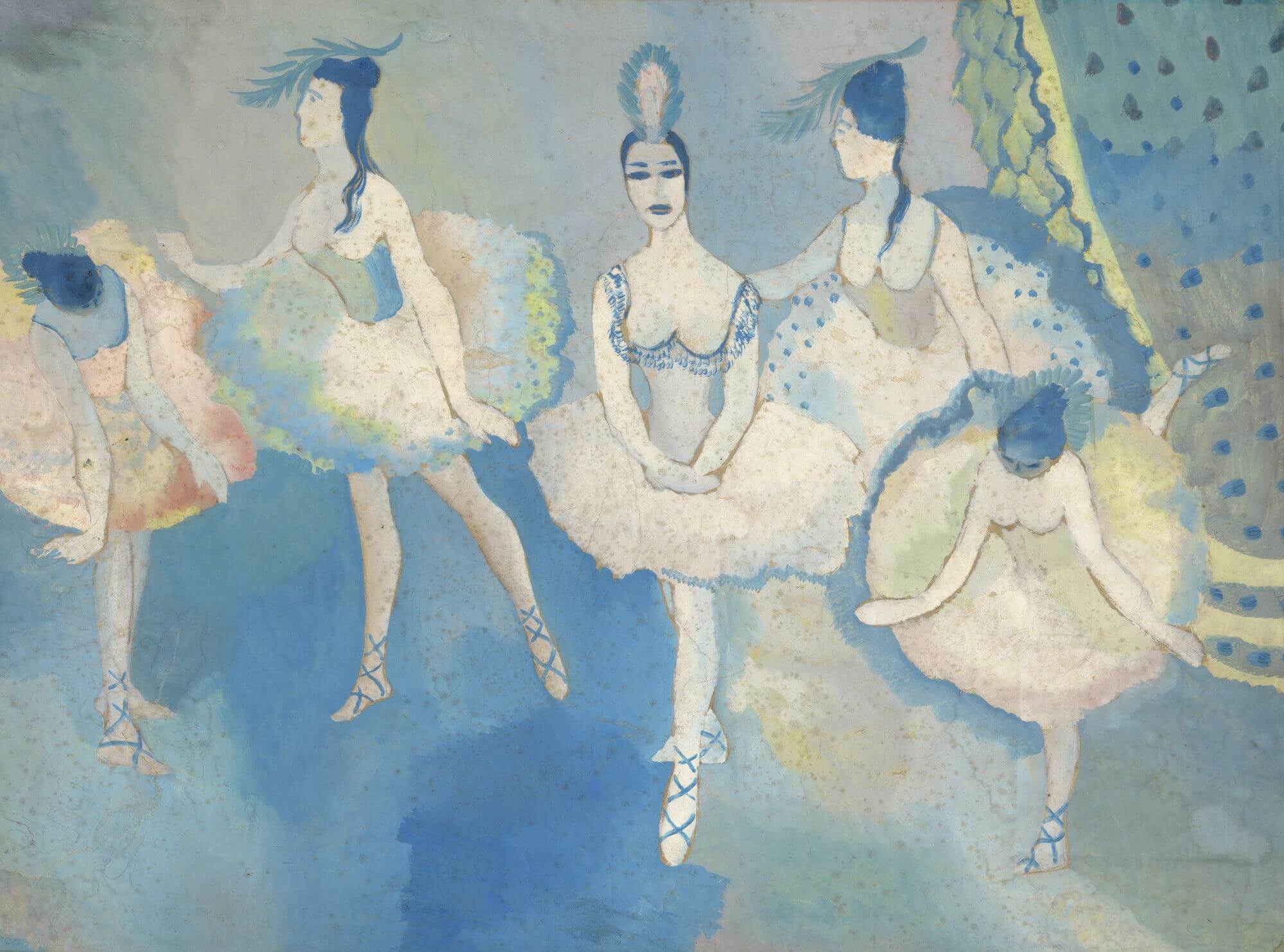 Pale blue watercolour depicting abstract, simplified figures of ballet dancers