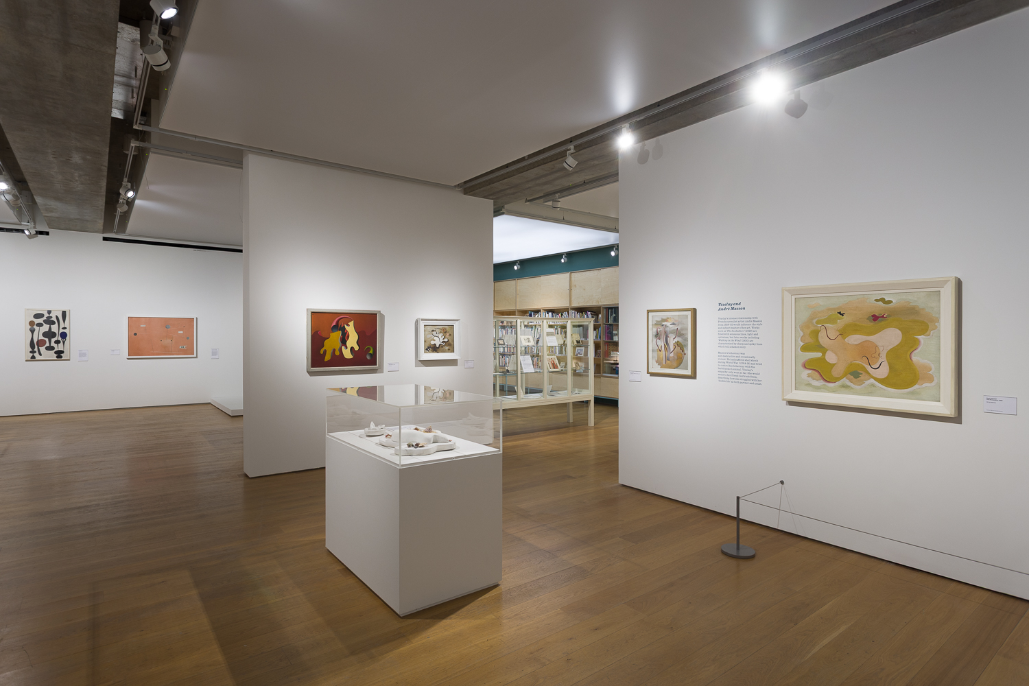 A wide photo of the gallery space, with abstract paintings hanging on the walls